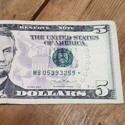 $5 Five Dollar Bill STAR Note Serial MB 05393259* 2013