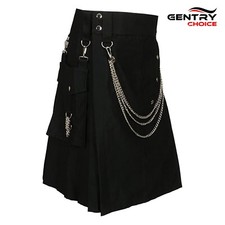 Fashion Cargo Utility Kilt Black with Silver Chains Scottish Outfit Traditional