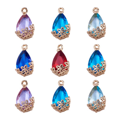 5 Stck. Tropfen Glas Anhänger 16x9mm Facettiert Kristall Charms Blume Gerahmt