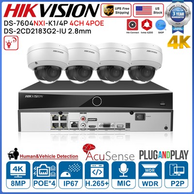 Hikvision 4CH 4POE AcuSense 8MP IR Dome CCTV Camera System Kit 4K NVR MIC Lot US