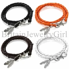 Men Women Handmade Braided Leather Wrap Bracelet Feather Charm Bangle Jewelry