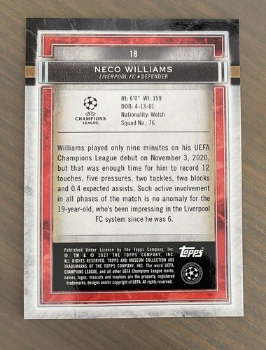 TOPPS CHAMPIONS LEAGUE MUSEUM 2020/21 NECO WILLIAMS LIVERPOOL ROOKIE CARD RC - Picture 2 of 2