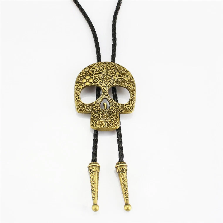 Flor Calavera Cabeza Para Hombres Bolo Corbata Boda Collar Cuero PU Cuerda Vaquero Occidental Foto 3 de 4