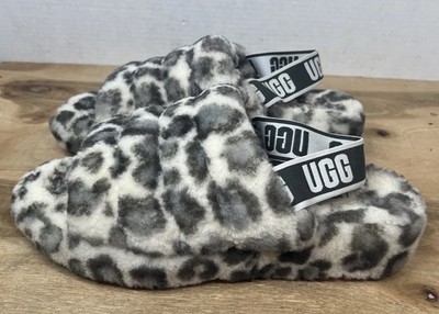 UGG Fluff Yeah Women s Leapord Panther Print Shearling Fur Sandals Slides Sz 10 