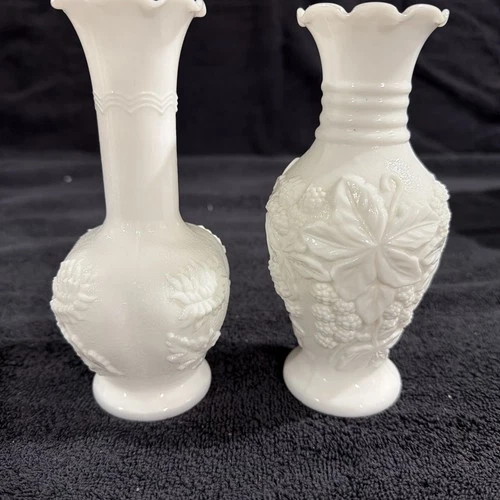 Vintage 2 Imperial Milk Glass Loganberry &Mum Flower Vase