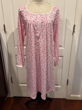 Women Long Sleeve White w Hot Pink Flowers Nightgown button front 4XL 42"L x28"W