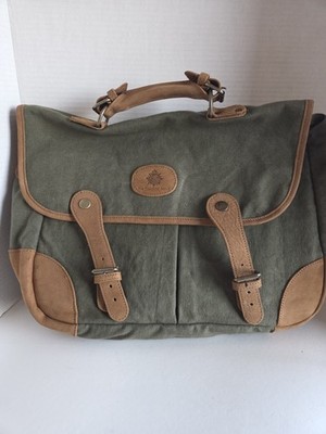 17''X13''X4'' 'The Territory Ahead' Waxed Canvas & Leather Messenger Bag Gray Green