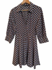 Zara Blue Brown Geometric Print Collared V Neck Button 3/4 Slv Mini Dress Sz S