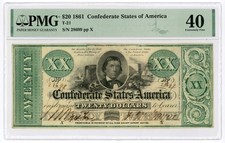 1861 T-21 $20 The Confederate States of America Note - CIVIL WAR Era PMG XF 40