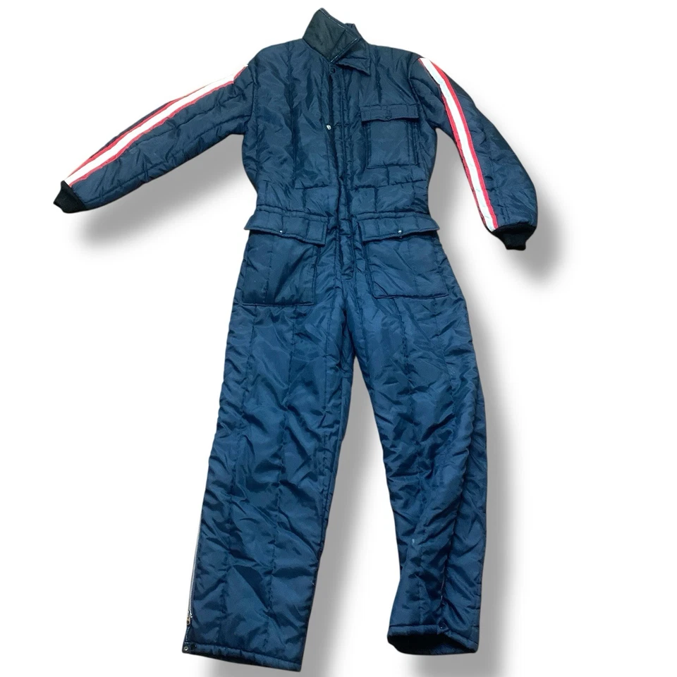 Traje de moto de nieve vintage años 80 monos azules brazo a rayas rojas Jason Crystal Lake Foto 2 de 4