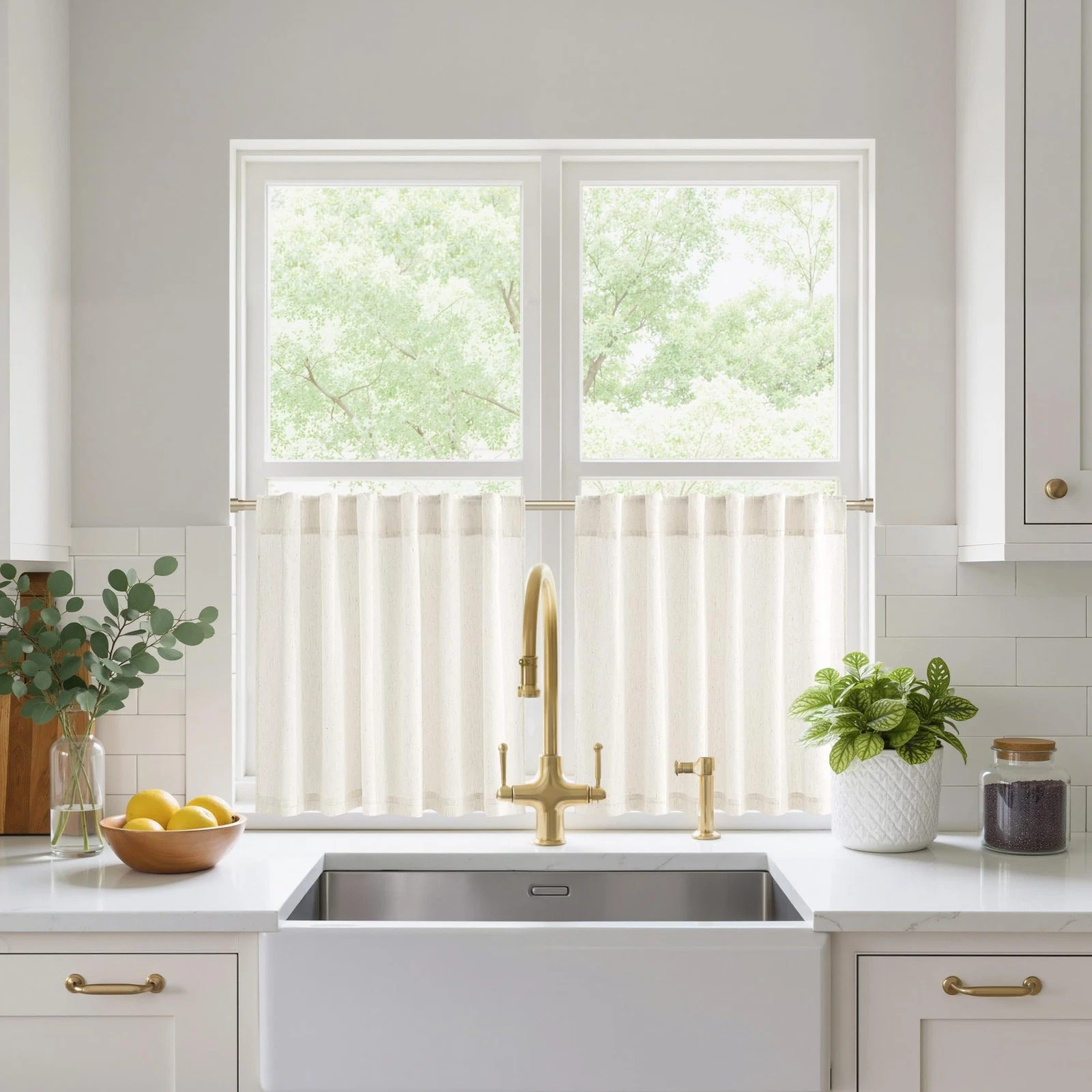 Cream Linen Kitchen Curtains 18 inches Long, Rod Pocket & Back Tab Thick Flax...
