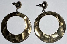 Vintage Large Gold Faceted Textured Round Hoop Disco Statement Post Earrings