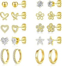 Gold Stud Earrings Set 14K Plated CZ Huggie Hypoallergenic Flower Heart Dainty