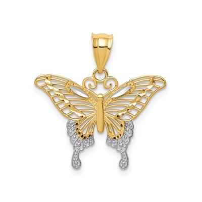 14k bicolor Gold Schmetterling Anhänger für Frauen durchbrochene Flügel rhodiniert strukturiert