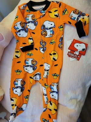 Peanuts Halloween Footed Sleeper 0-3 Months Orange w Black Trim, NWT