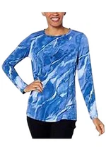 Susan Graver Women's Printed Liquid Long Slv Crew Neck Top Indigo Blue