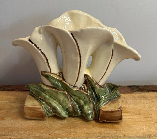 Vintage, McCOY Pottery Vase Triple Calla Lily w/Green Brown & White Glaze 1940s