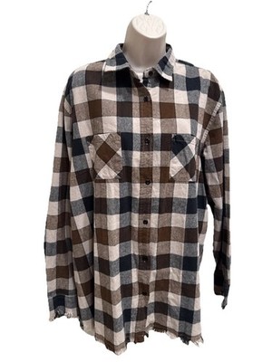 One 24 Rags Women s Plus Sz XXL Tan Brown Black Plaid Long Sleeve Button Up EUC