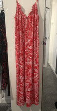 ASOS UK Size 10 Tall Red/White Leaf Print Frilly Neckline Strappy Maxi Dress VGC