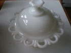 Vintage Anchor Hocking Open Lace Milk Glass Candy Dish With Lid