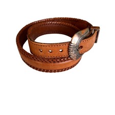Vintage 1991 brn leather belt braided trim metal buckle Western Coastal cowgirl