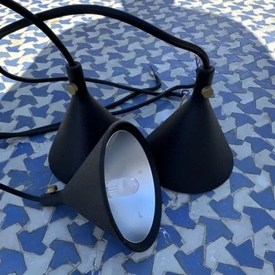 Set of 3 Black Metal Cone Pendant Lamps Plug-In Corded Switch Adjustable - Image 1 of 3