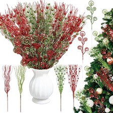 36 Pcs Christmas Tree Picks Decorations Red Green Glitter Curly Berry Stem Ca...
