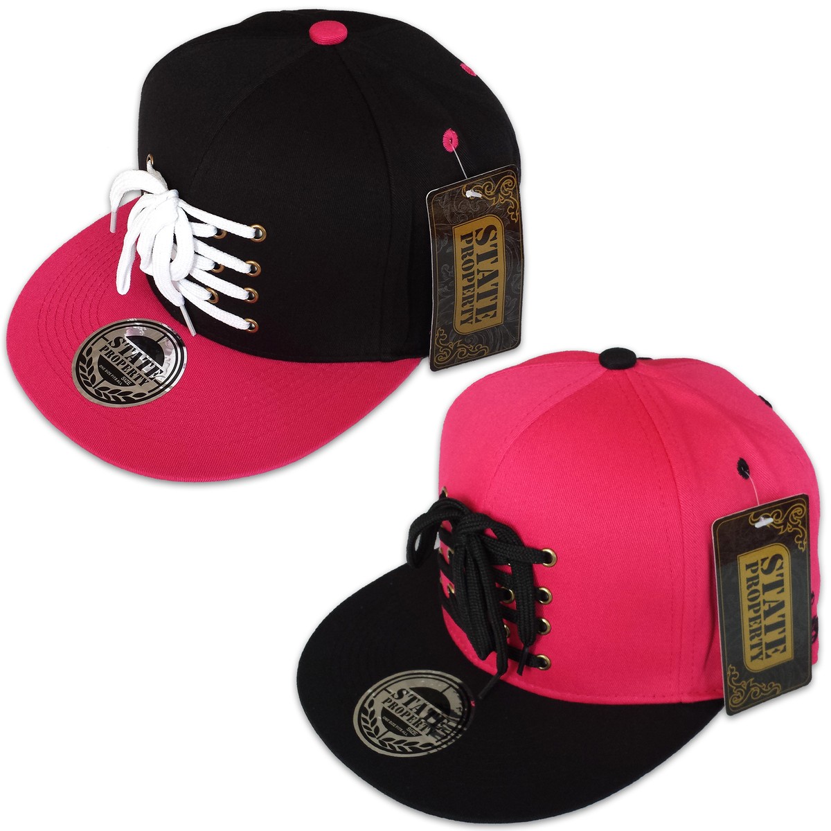 NEW LACED TWO TONE SNAPBACK BLACK PINK BASEBALL CAP FLAT PEAK HAT SHOE LACES