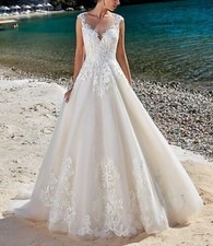 A-Line Wedding Dress Size 6 Ivory V-Neck Sweep Brush Train Lace Tulle Lan Ting