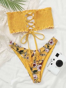yellow smocked bandeau bikini
