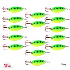 15pcs Chartreuse Fish WOW! 1/4oz Fishing Spoon Treble Red Hook Duo Lock Snap