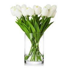 ENOVA FLORAL 20 Heads White Tulips Real Touch Artificial Flowers in Vase, Fak...
