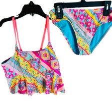 Breaking Waves Swimsuit Girls Multi teal floral 2 pc Peplum midkini NWT 28