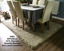 M & S WOOL LONG PILE RUG ~ 7’ X 5’ ~ HESSIAN BACKED ~ STONE/BEIGE ~ 85% WOOL
