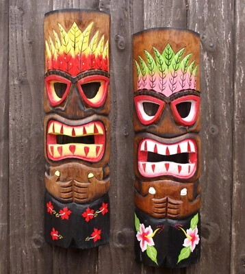 Tiki Bar Mask Bundle Wooden 50cm Handcarved Painted Garden Pub Decoration - Image 1 of 4