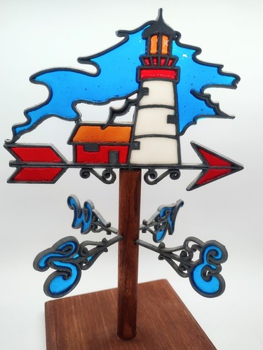 Handmade Stained Glass Lighthouse Weathervane Patriotic Vintage Moveable - Picture 2 of 7