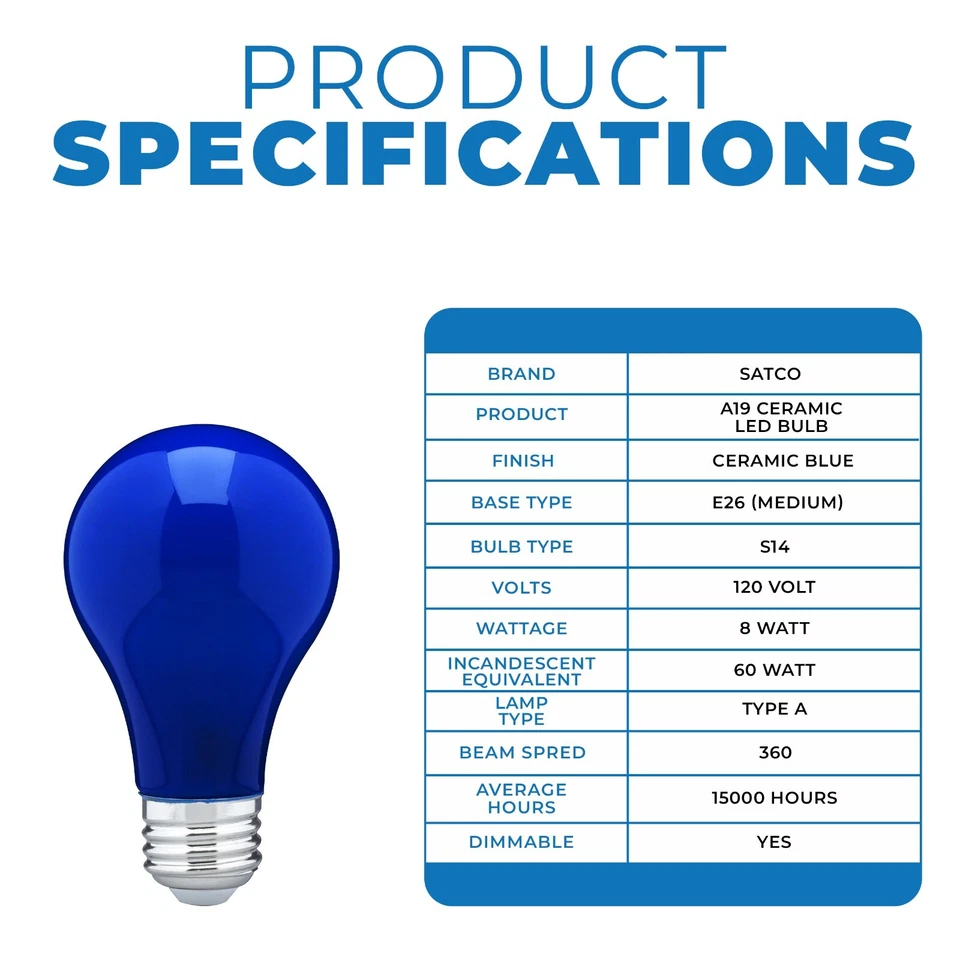 LED S11 color Light bulb - Ceramic Blue - 8W - 120V - SATCO-S14985 - Image 3 of 4