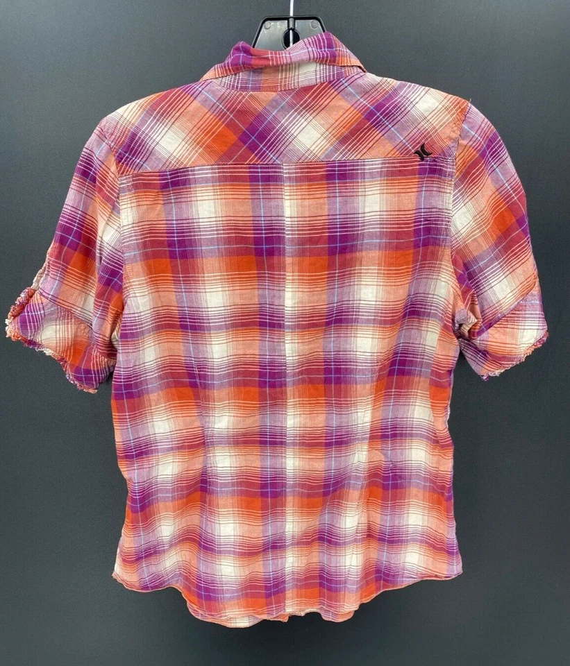 Top Hurley para mujer grande rosa a cuadros manga corta con volantes boho abotonado Y2K Foto 2 de 4