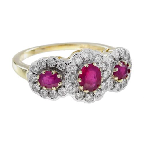 9K Two Tone Gold Ruby and Diamond Art Deco Style Three Stone Ring - Picture 3 of 11