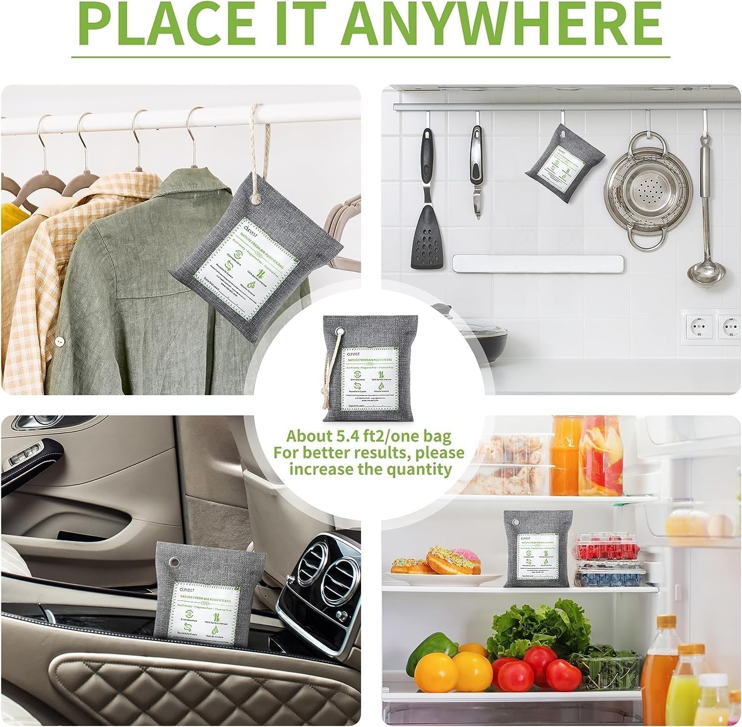 4-Pack Large Bamboo Charcoal Air Purifying Bags - 100% Natural Odor Eliminators