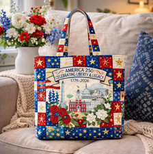 USA 250th Anniversary Quilted Tote Bag Patriotic Red White Blue Floral Bag