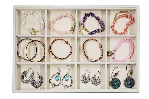 Velvet Stackable Jewelry Organizer with 12 Beige Trays and 12 Grids