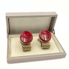 Swank Designer Signed Red Moonglow Thermoset Gold Plated Mesh Cufflinks