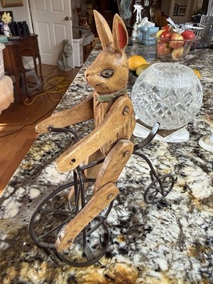 Vintage Wooden Rabbit Riding Bicycle Folk Art Metal Wheels Whirligig