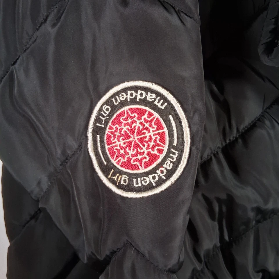 MADDEN GIRL Long Chevron Maxi Puffer Jacket Black Removable Fur Trim SZ L - Image 2 of 4