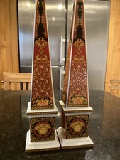 Pair Of Versace Rosenthal Red Medusa Obelisks In Perfect Condition
