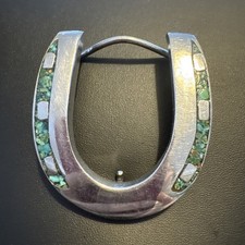 Western Belt Buckle Horseshoe Silver Turquoise Tone Inlay Cowgirl