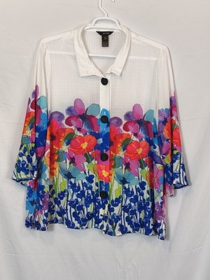 Ali Miles Gauze Knit Floral Watercolor 3/4 Bell Sleeve Button Front Top Sz XL