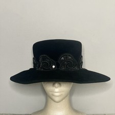 Vintage Black Wide Brim Hat Felt Wool Art Deco Trim Statement Hat 21.5  