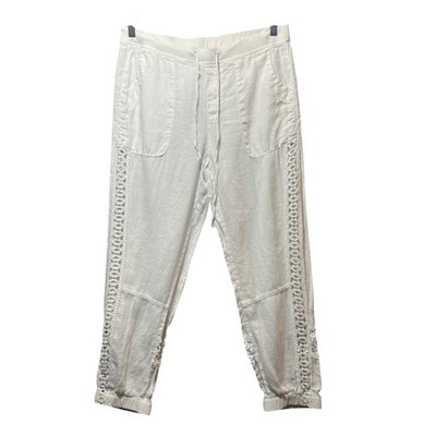 XCVI White Linen Cropped Pants Lace Crochet Inset Drawstring Waist Women Medium